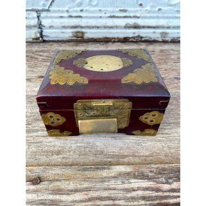 Vintage Chinese Box Wood Brass Carved Quartz Stone Locked